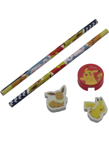 Set Papelaria - Pokémon (2 Lápis + 2 Borrachas + 1 Afia)