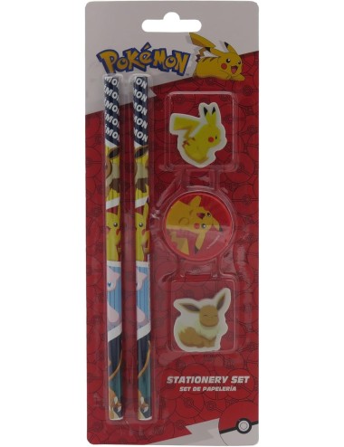 Set Papelaria - Pokémon (2 Lápis + 2 Borrachas + 1 Afia)