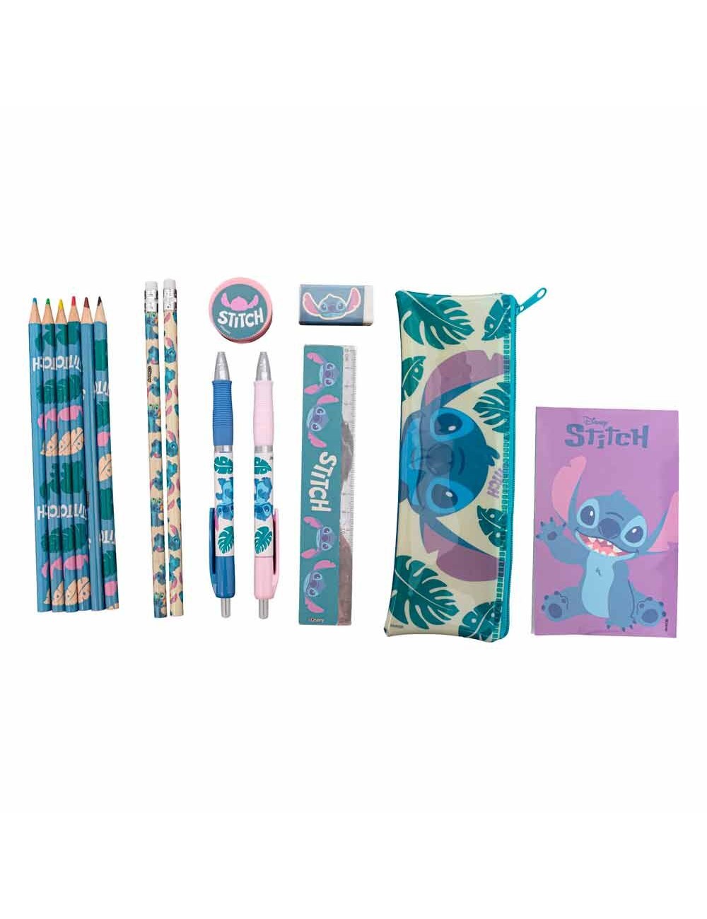 Conjunto de Papelaria - Disney Stitch (4 Lápis de Cor + 2 Lápis + 2 Canetas + Afia + Borracha + Régua + Porta-Lápis + Caderno)